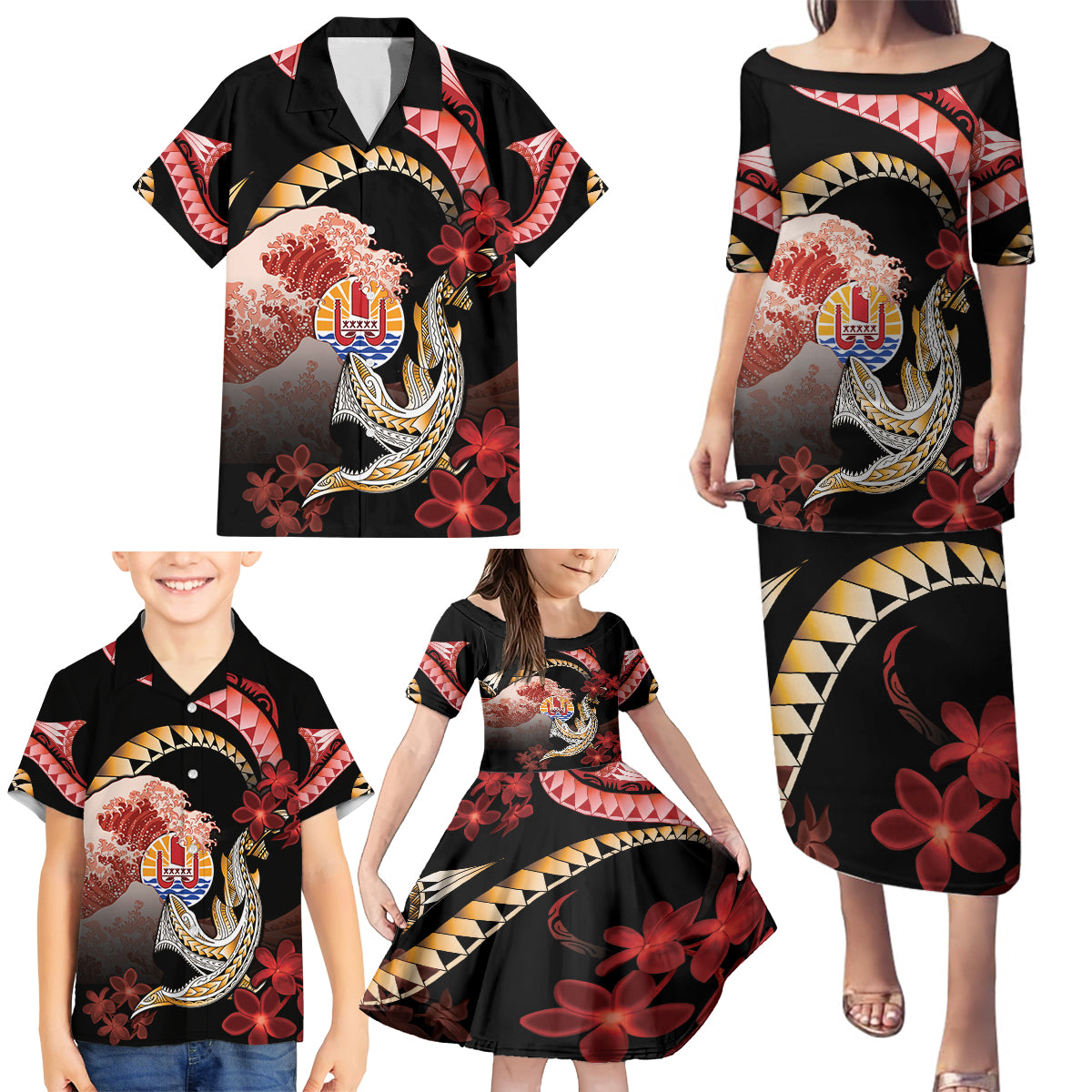 Personalised French Polynesia Victory Day Family Matching Puletasi and Hawaiian Shirt Polynesian Pattern Plumeria