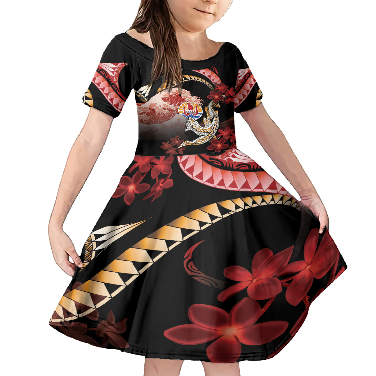 Personalised French Polynesia Victory Day Kid Short Sleeve Dress Polynesian Pattern Plumeria