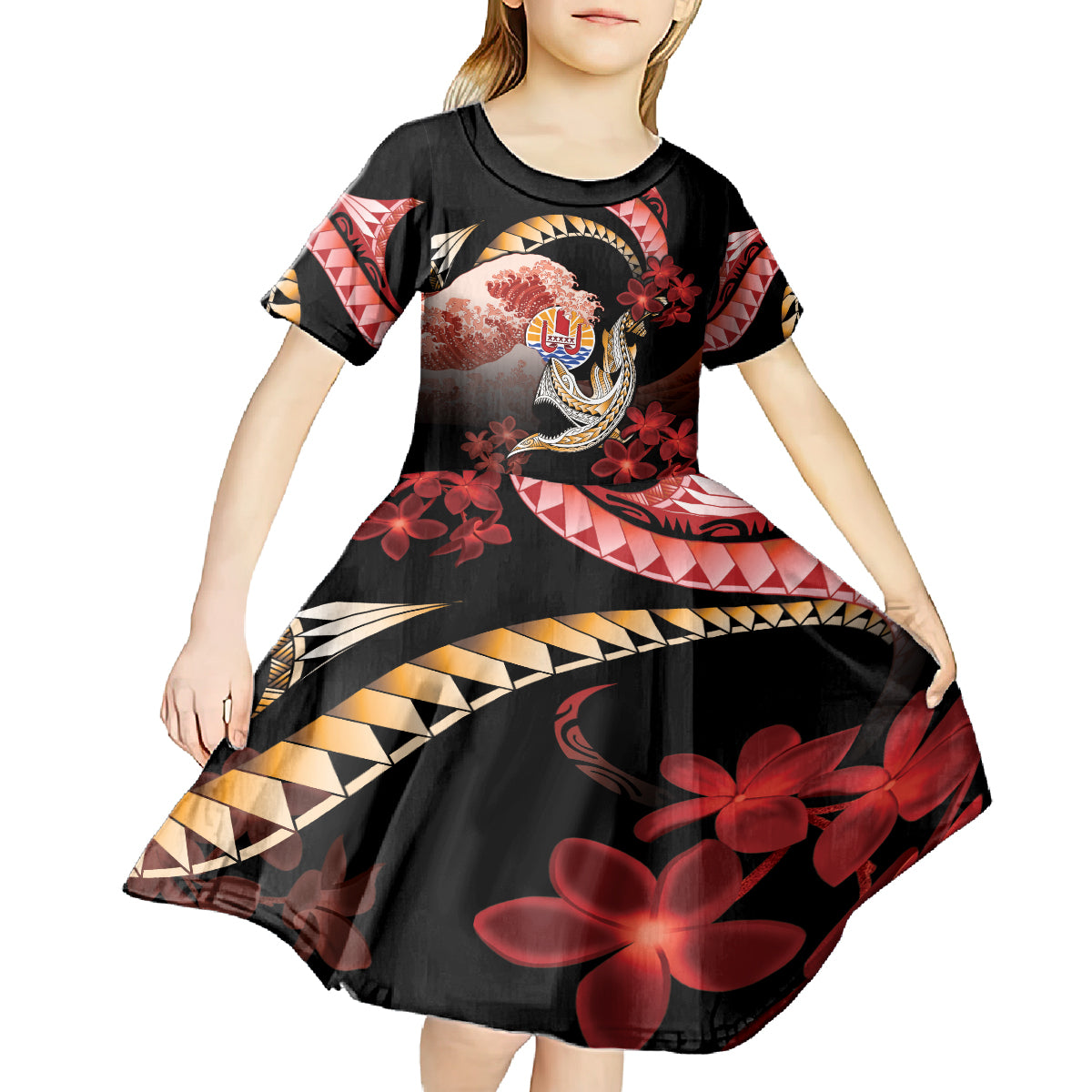 Personalised French Polynesia Victory Day Kid Short Sleeve Dress Polynesian Pattern Plumeria LT05 - Polynesian Pride