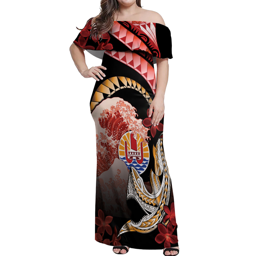 Personalised French Polynesia Victory Day Off Shoulder Maxi Dress Polynesian Pattern Plumeria LT05 Women Black - Polynesian Pride