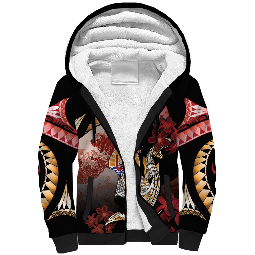 Personalised French Polynesia Victory Day Sherpa Hoodie Polynesian Pattern Plumeria LT05 Unisex Black - Polynesian Pride