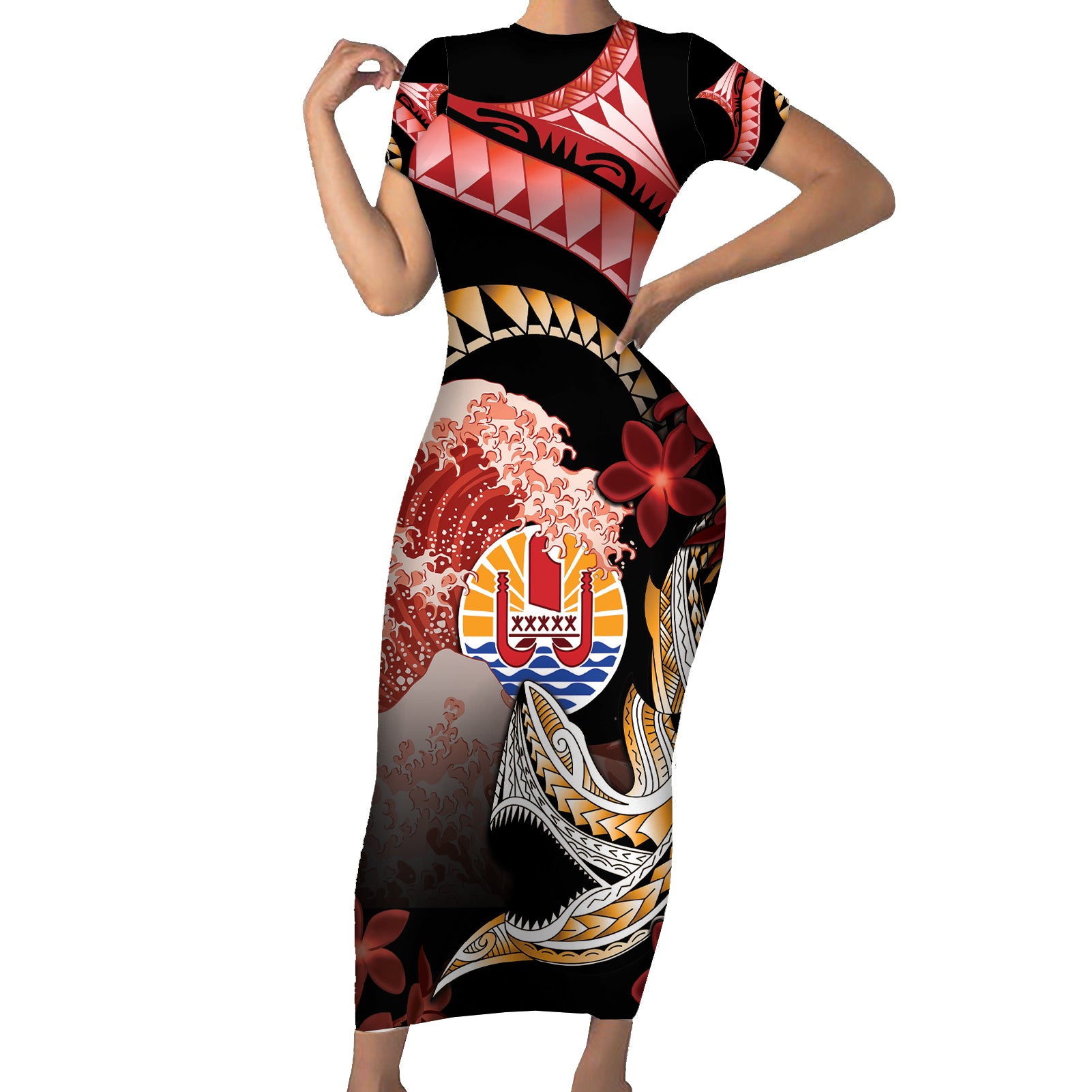 Personalised French Polynesia Victory Day Short Sleeve Bodycon Dress Polynesian Pattern Plumeria