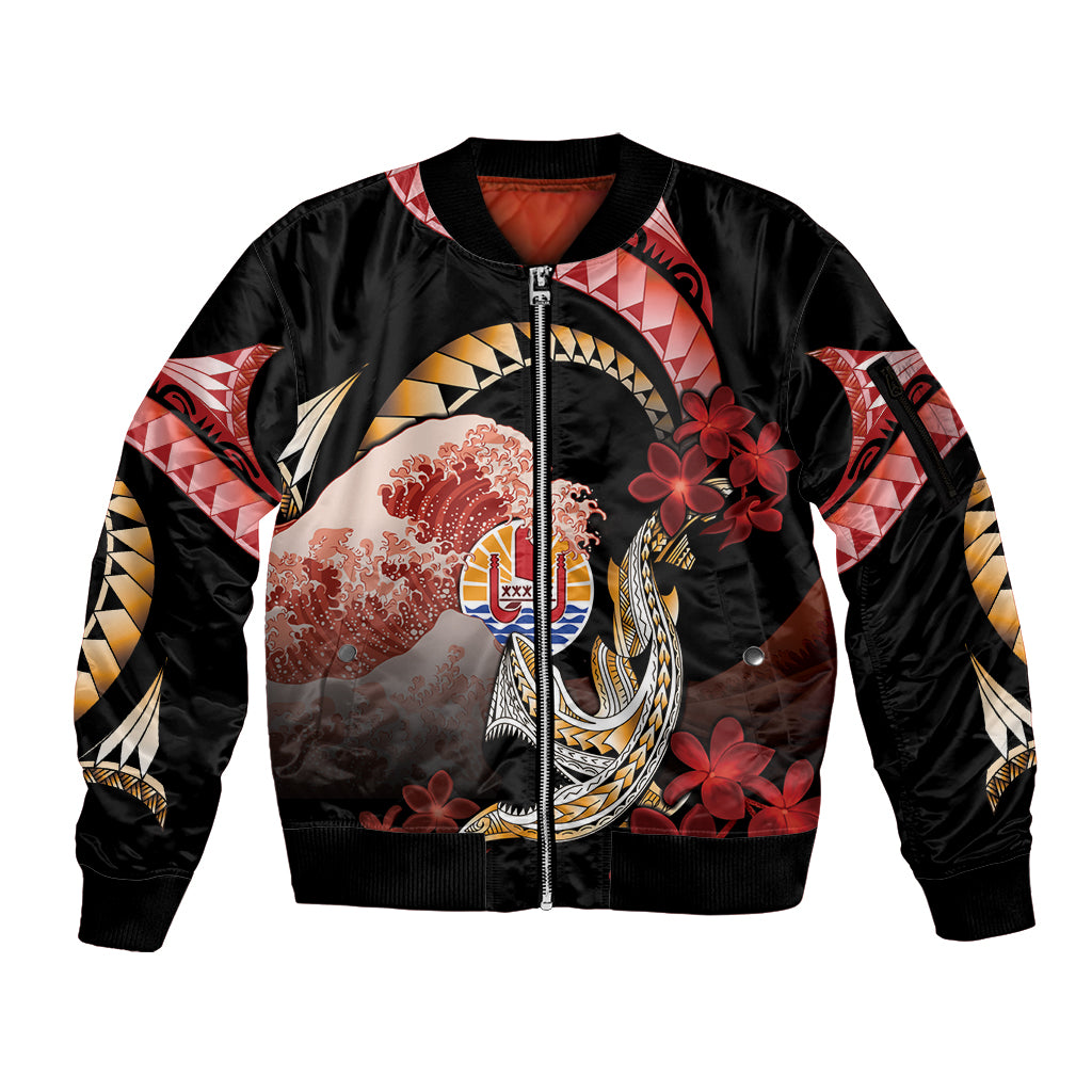 Personalised French Polynesia Victory Day Sleeve Zip Bomber Jacket Polynesian Pattern Plumeria LT05 Unisex Black - Polynesian Pride