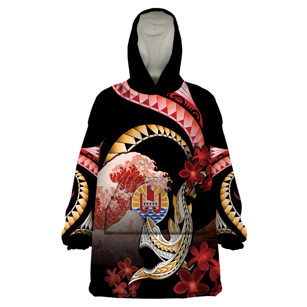 Personalised French Polynesia Victory Day Wearable Blanket Hoodie Polynesian Pattern Plumeria LT05 One Size Black - Polynesian Pride