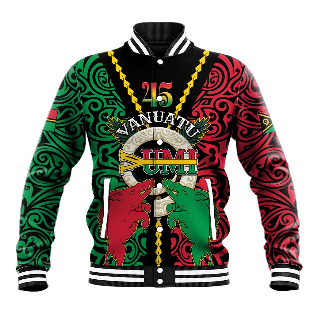 Vanuatu 45th Independence Day Baseball Jacket Long God Yumi Stanap Wild Boar LT05 Unisex Black - Polynesian Pride