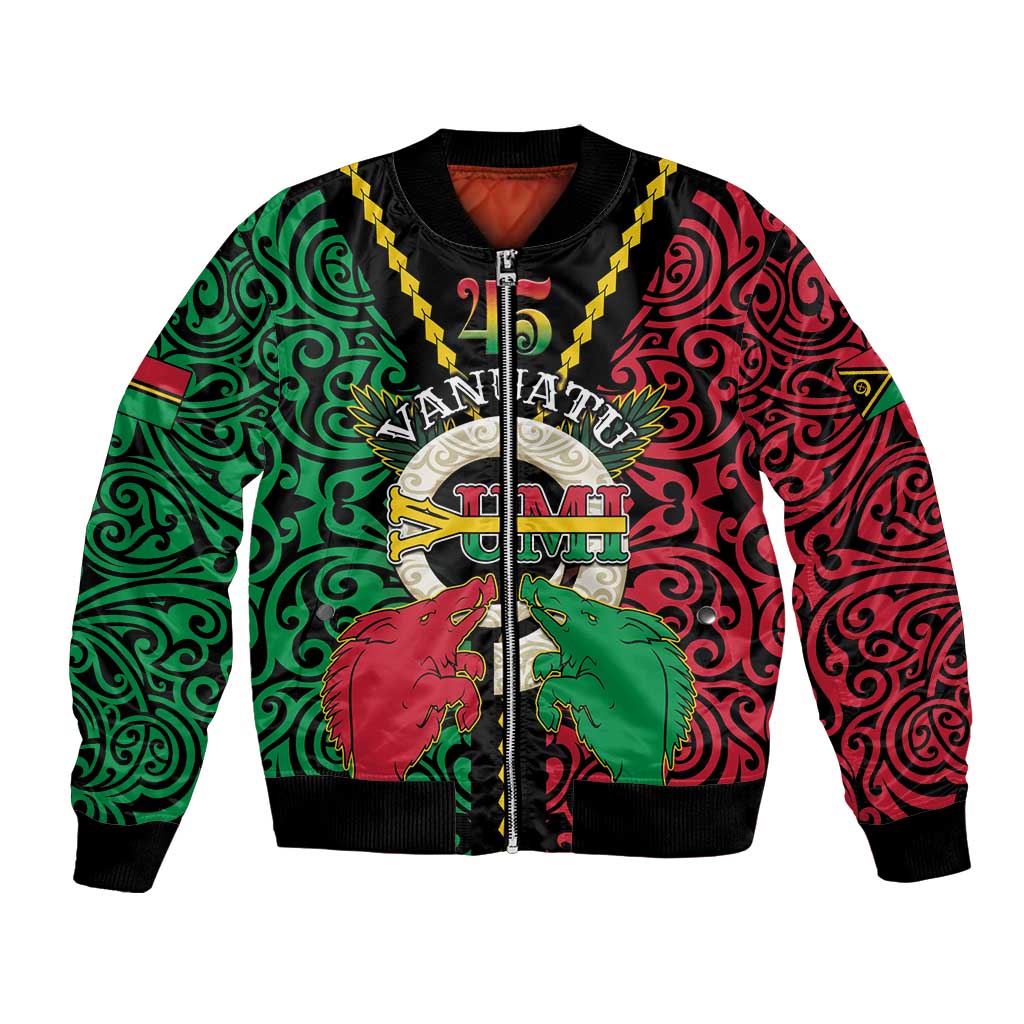 Vanuatu 45th Independence Day Bomber Jacket Long God Yumi Stanap Wild Boar LT05 Unisex Black - Polynesian Pride