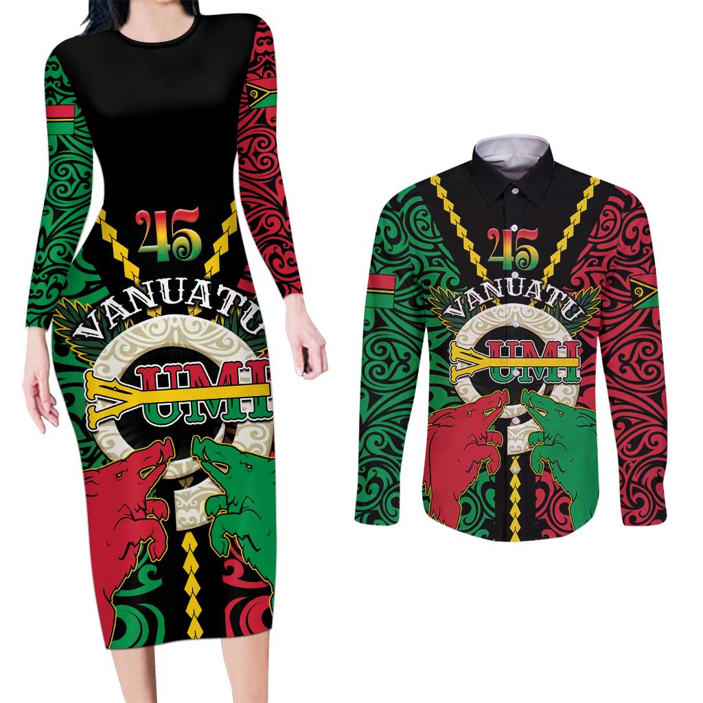 Vanuatu 45th Independence Day Couples Matching Long Sleeve Bodycon Dress and Long Sleeve Button Shirt Long God Yumi Stanap Wild Boar LT05 Black - Polynesian Pride