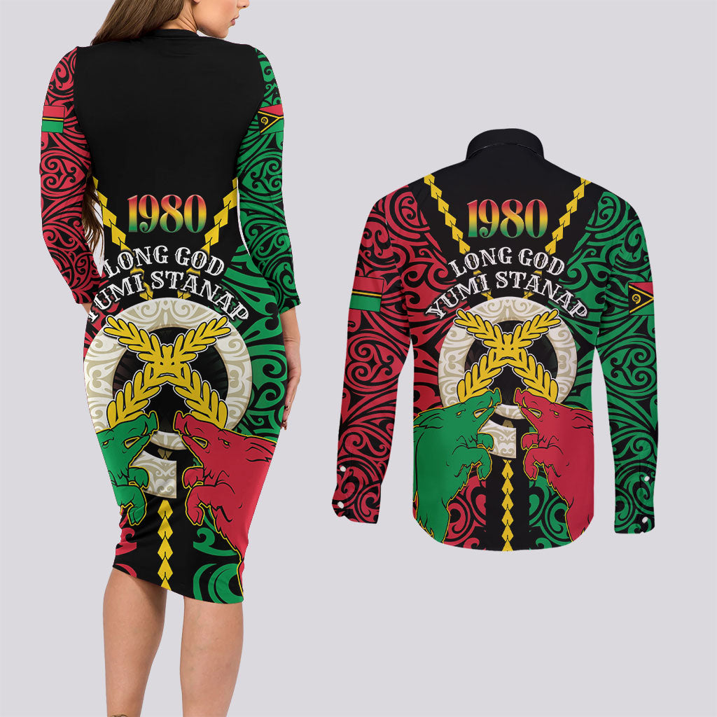 Vanuatu 46th Independence Day Couples Matching Long Sleeve Bodycon Dress and Long Sleeve Button Shirt Long God Yumi Stanap Wild Boar LT05 - Polynesian Pride