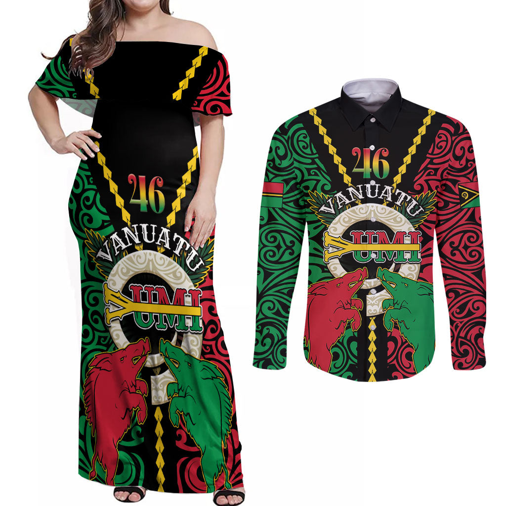 Vanuatu 46th Independence Day Couples Matching Off Shoulder Maxi Dress and Long Sleeve Button Shirt Long God Yumi Stanap Wild Boar LT05 Black - Polynesian Pride