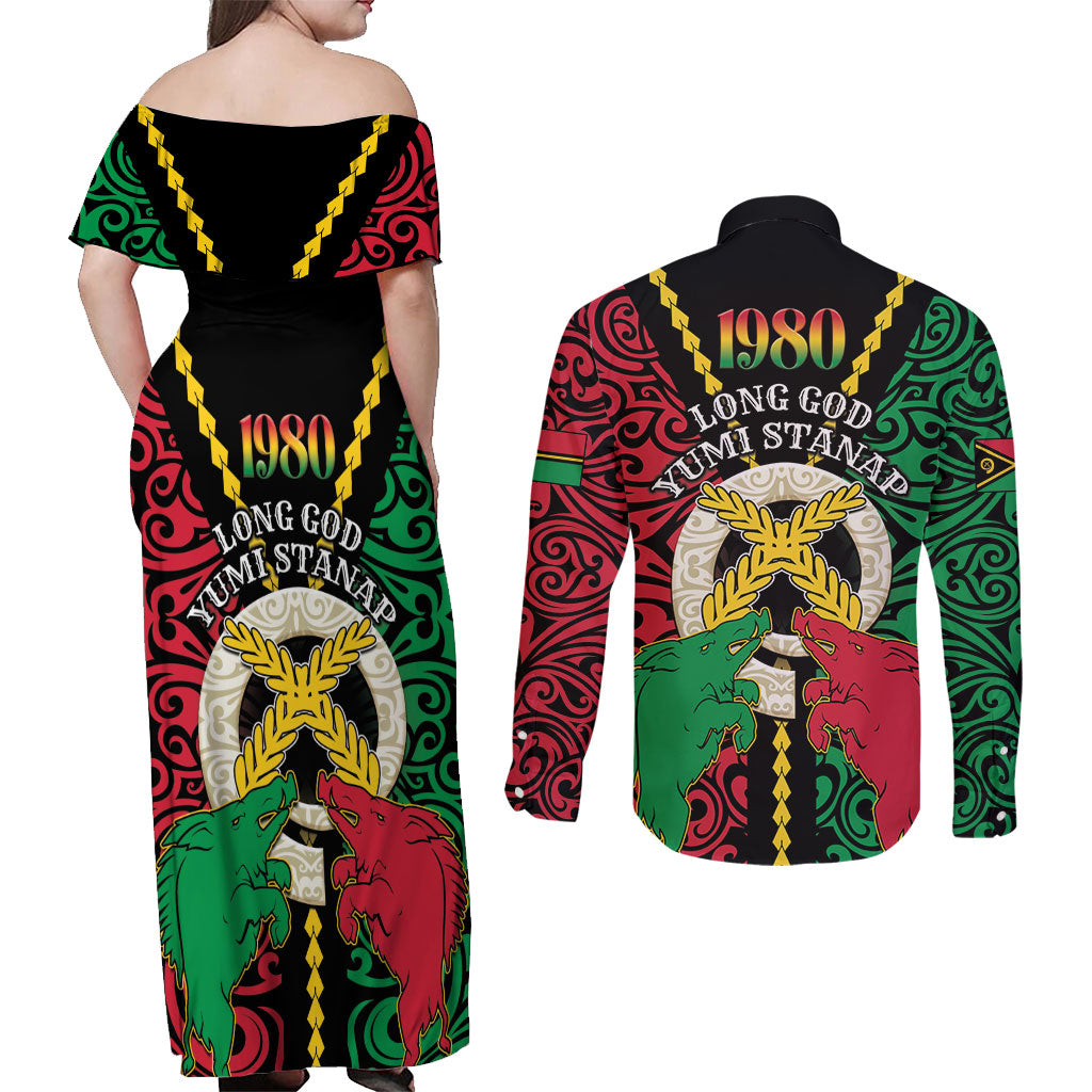 Vanuatu 46th Independence Day Couples Matching Off Shoulder Maxi Dress and Long Sleeve Button Shirt Long God Yumi Stanap Wild Boar LT05 - Polynesian Pride