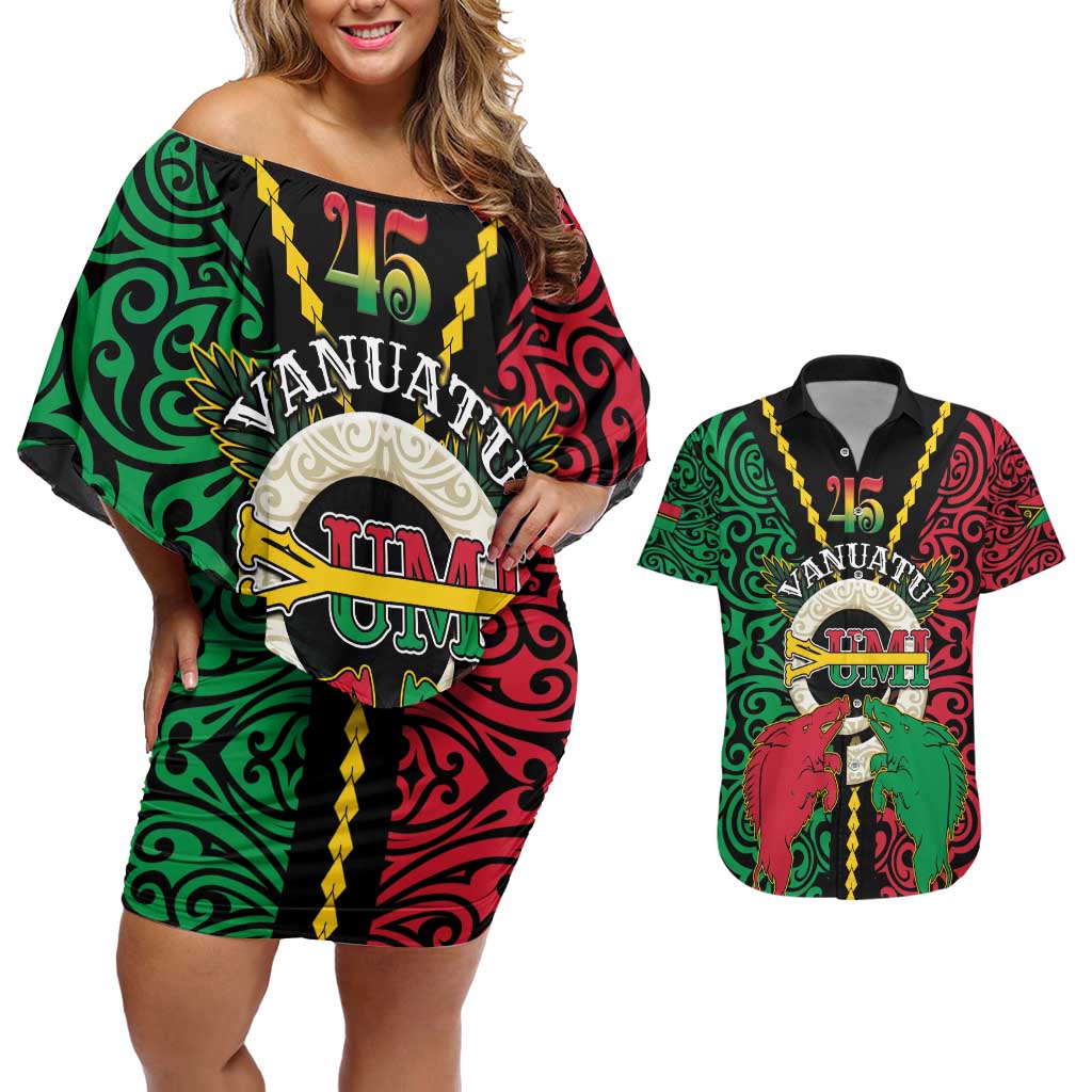 Vanuatu 45th Independence Day Couples Matching Off Shoulder Short Dress and Hawaiian Shirt Long God Yumi Stanap Wild Boar LT05 Black - Polynesian Pride