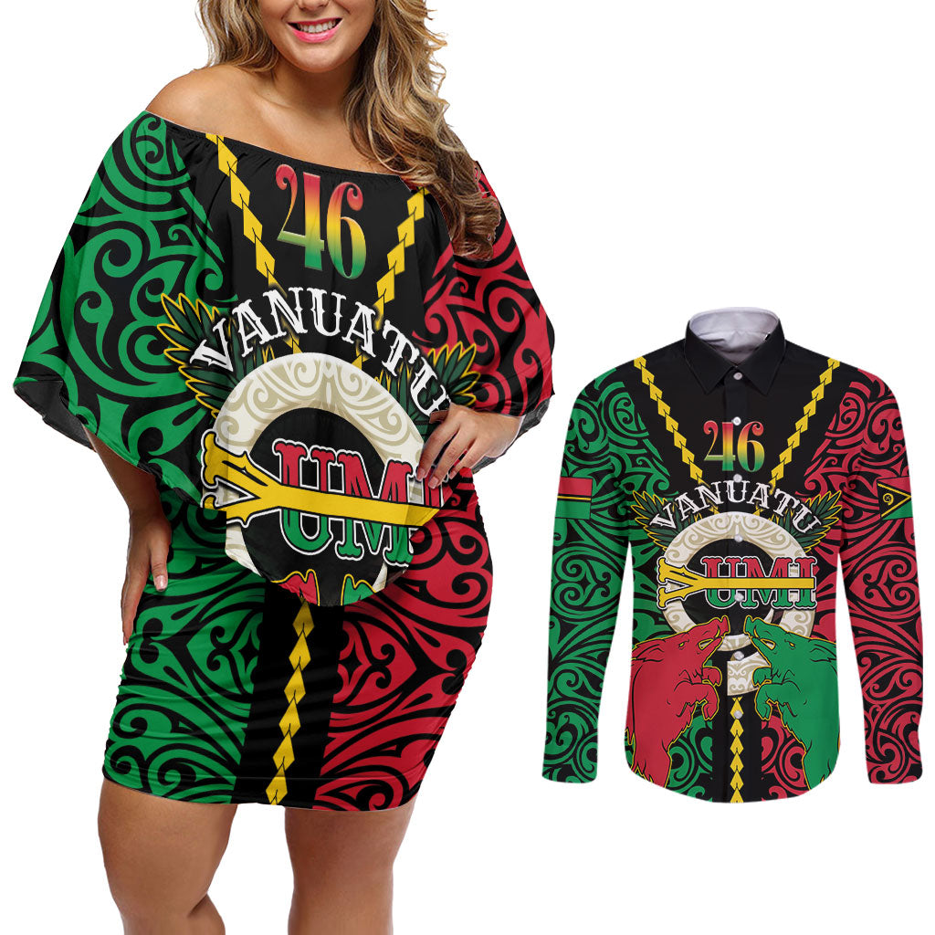 Vanuatu 46th Independence Day Couples Matching Off Shoulder Short Dress and Long Sleeve Button Shirt Long God Yumi Stanap Wild Boar LT05 Black - Polynesian Pride