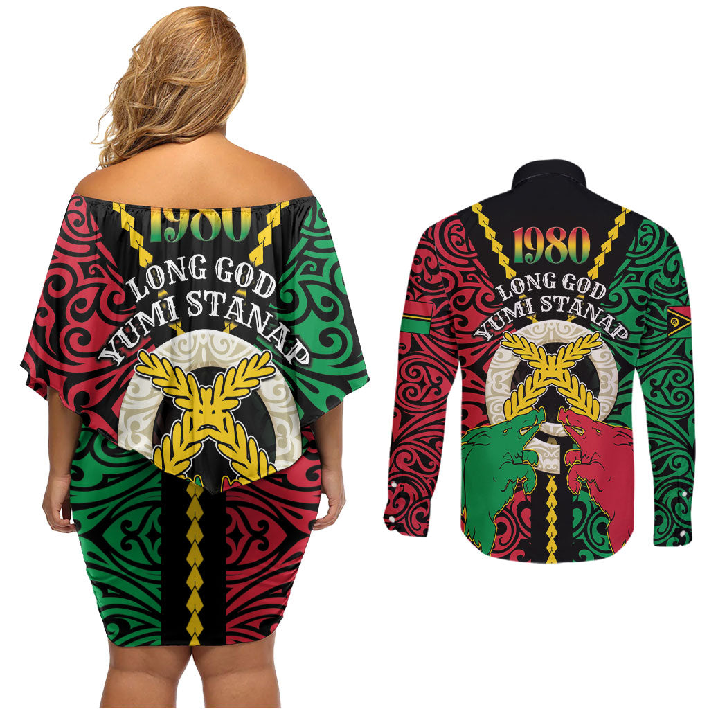 Vanuatu 46th Independence Day Couples Matching Off Shoulder Short Dress and Long Sleeve Button Shirt Long God Yumi Stanap Wild Boar LT05 - Polynesian Pride
