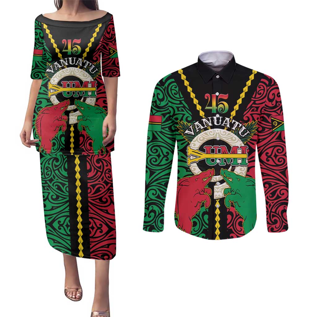 Vanuatu 45th Independence Day Couples Matching Puletasi and Long Sleeve Button Shirt Long God Yumi Stanap Wild Boar LT05 Black - Polynesian Pride