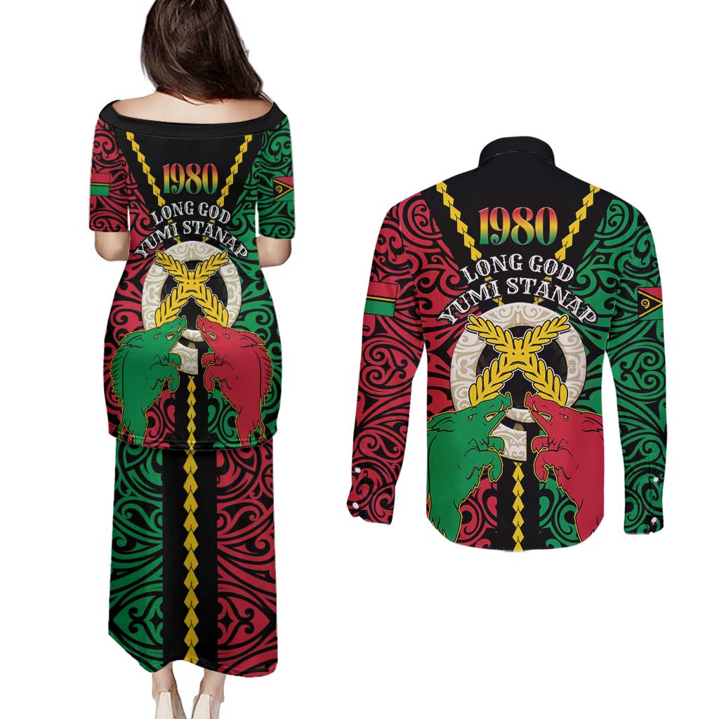 Vanuatu 45th Independence Day Couples Matching Puletasi and Long Sleeve Button Shirt Long God Yumi Stanap Wild Boar LT05 - Polynesian Pride