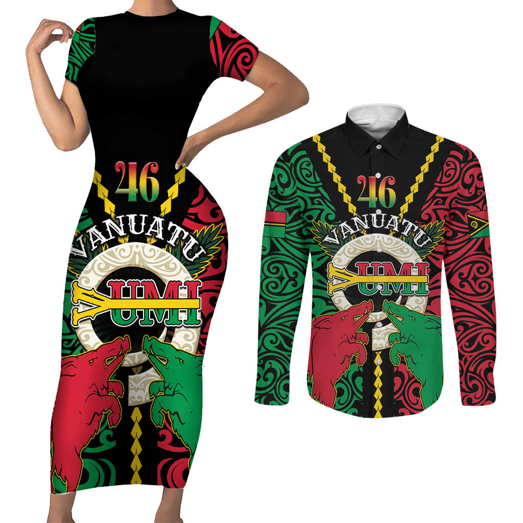 Vanuatu 46th Independence Day Couples Matching Short Sleeve Bodycon Dress and Long Sleeve Button Shirt Long God Yumi Stanap Wild Boar LT05 Black - Polynesian Pride