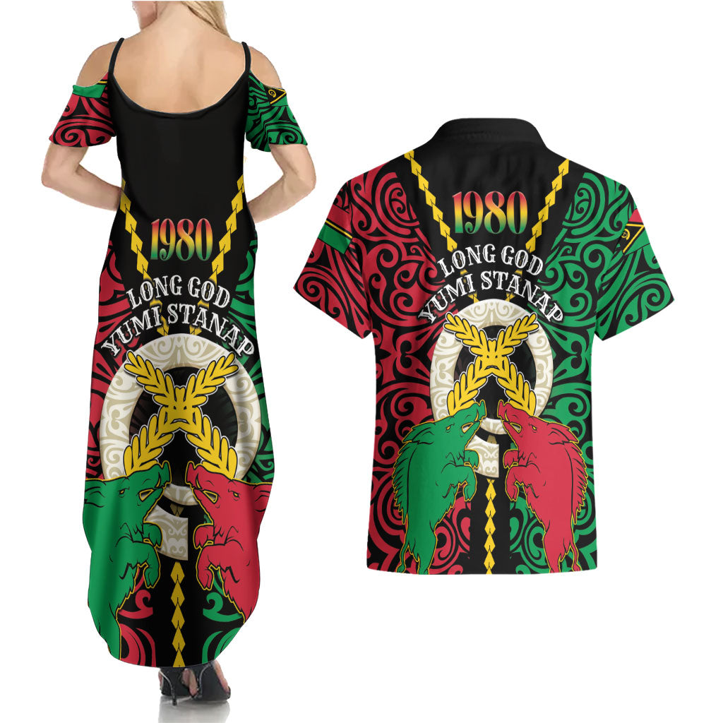 Vanuatu 46th Independence Day Couples Matching Summer Maxi Dress and Hawaiian Shirt Long God Yumi Stanap Wild Boar LT05 - Polynesian Pride
