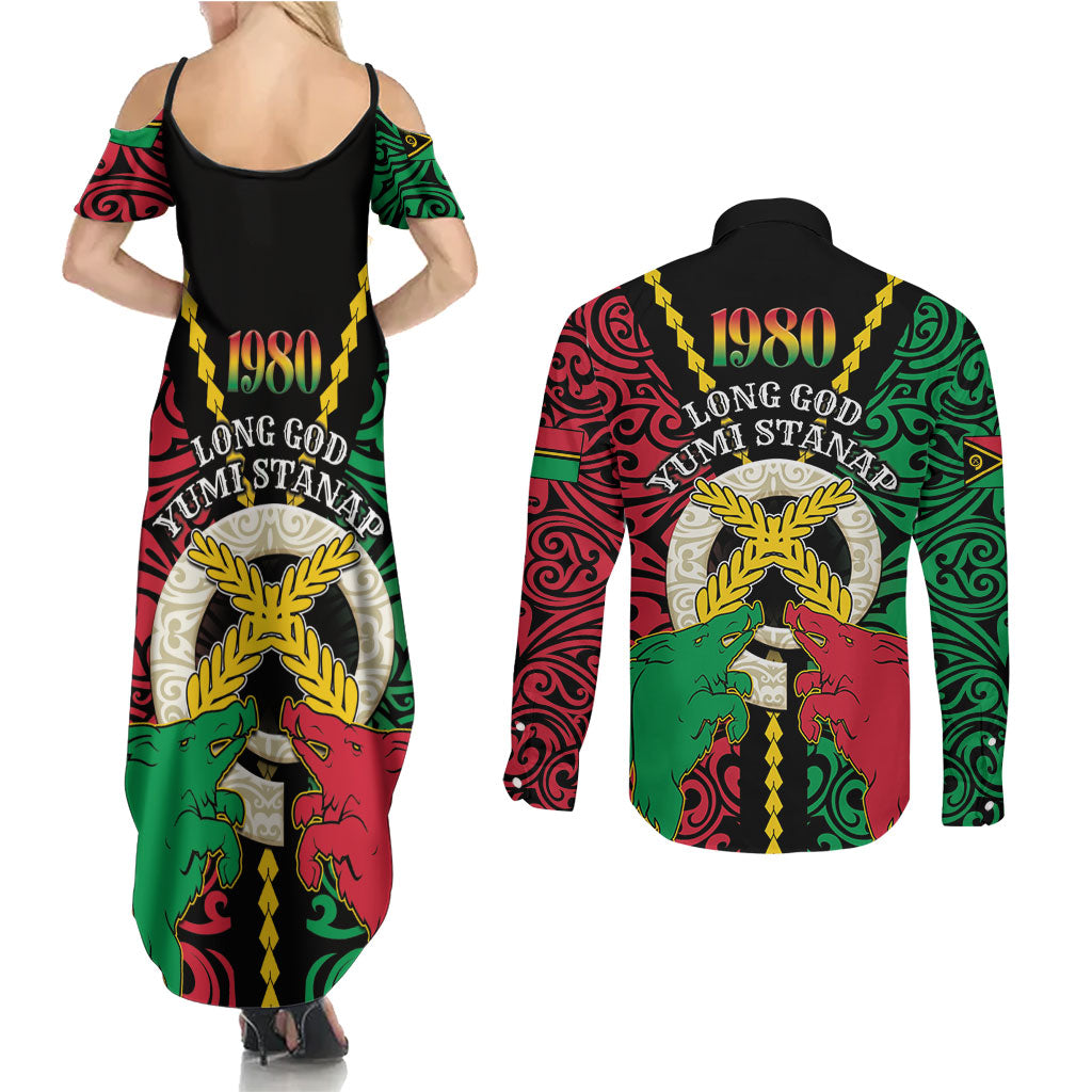 Vanuatu 46th Independence Day Couples Matching Summer Maxi Dress and Long Sleeve Button Shirt Long God Yumi Stanap Wild Boar LT05 - Polynesian Pride