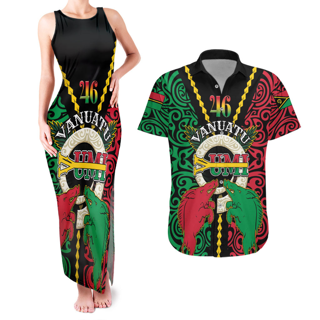 Vanuatu 46th Independence Day Couples Matching Tank Maxi Dress and Hawaiian Shirt Long God Yumi Stanap Wild Boar LT05 Black - Polynesian Pride