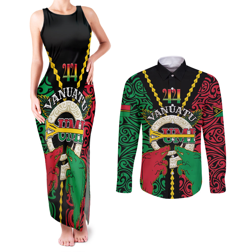 Vanuatu 44th Independence Day Couples Matching Tank Maxi Dress and Long Sleeve Button Shirt Long God Yumi Stanap Wild Boar