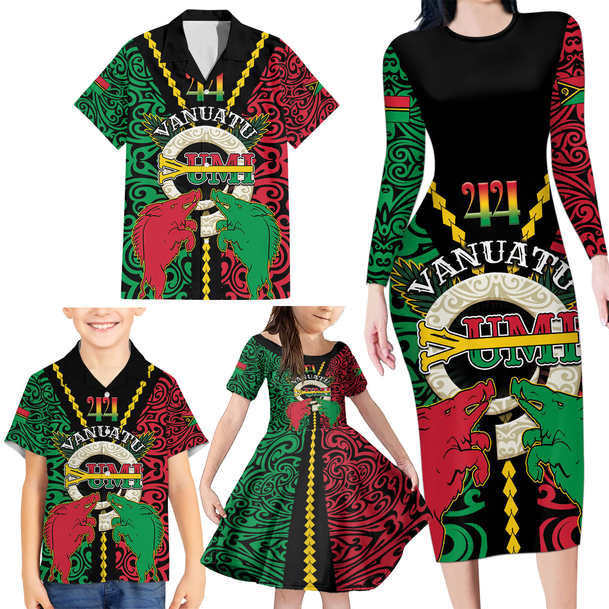 Vanuatu 44th Independence Day Family Matching Long Sleeve Bodycon Dress and Hawaiian Shirt Long God Yumi Stanap Wild Boar