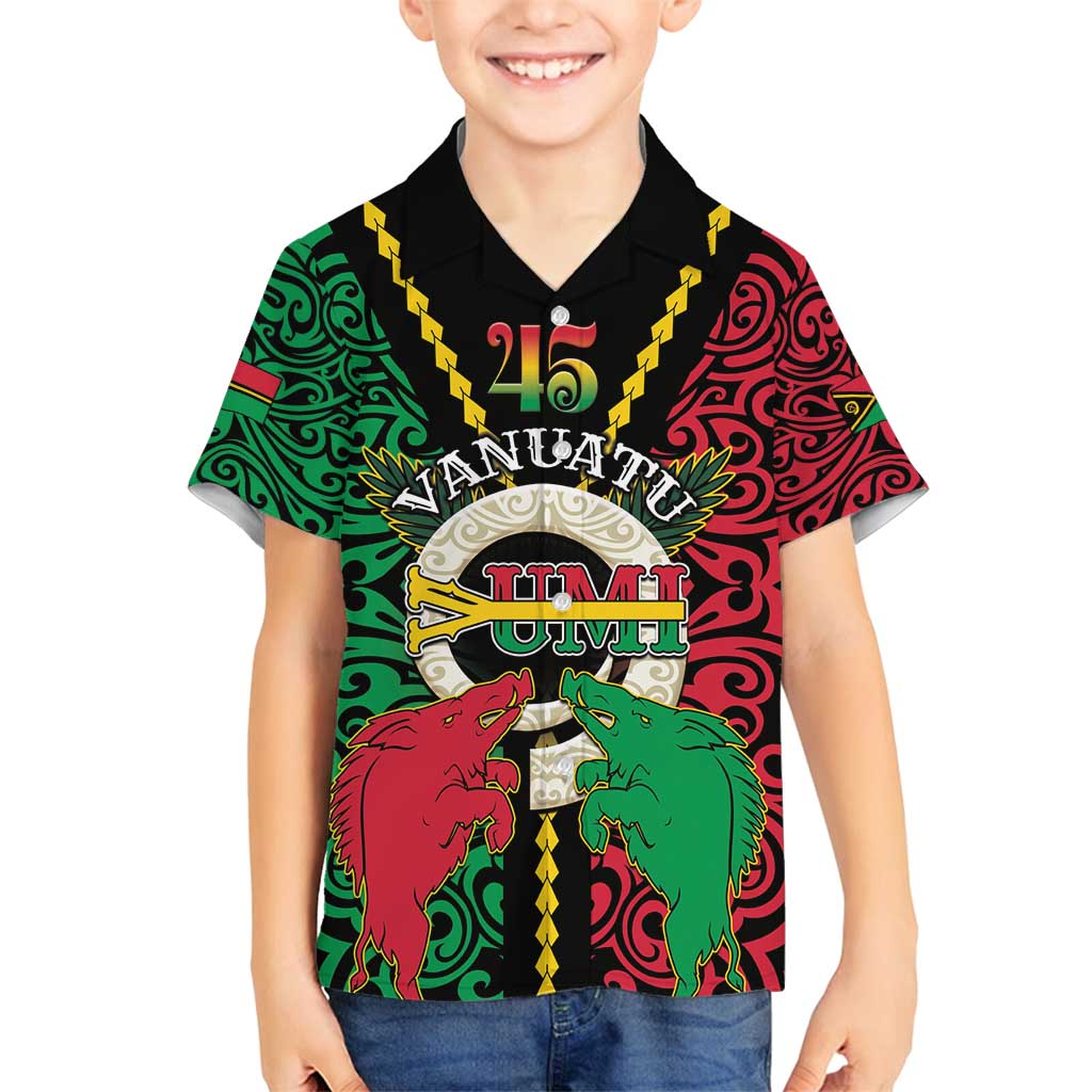 Vanuatu 45th Independence Day Family Matching Off Shoulder Maxi Dress and Hawaiian Shirt Long God Yumi Stanap Wild Boar LT05