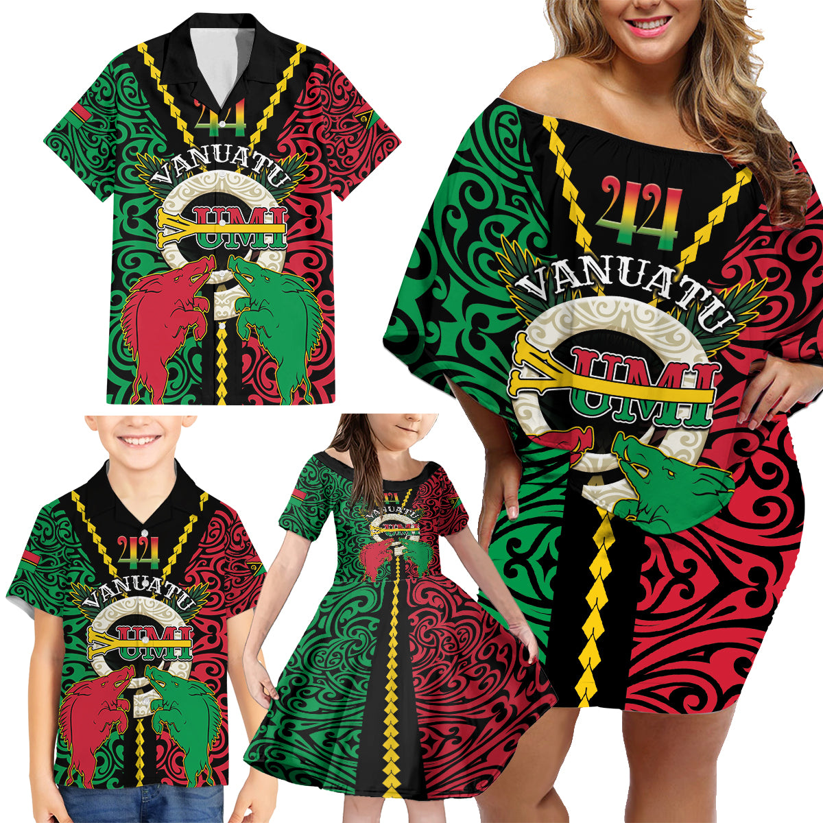 Vanuatu 44th Independence Day Family Matching Off Shoulder Short Dress and Hawaiian Shirt Long God Yumi Stanap Wild Boar