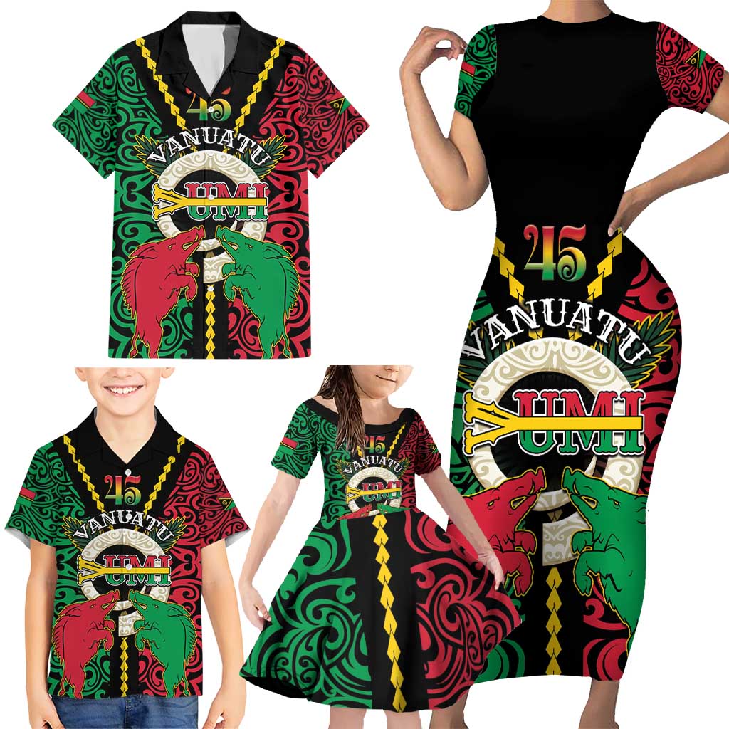Vanuatu 45th Independence Day Family Matching Short Sleeve Bodycon Dress and Hawaiian Shirt Long God Yumi Stanap Wild Boar LT05 - Polynesian Pride