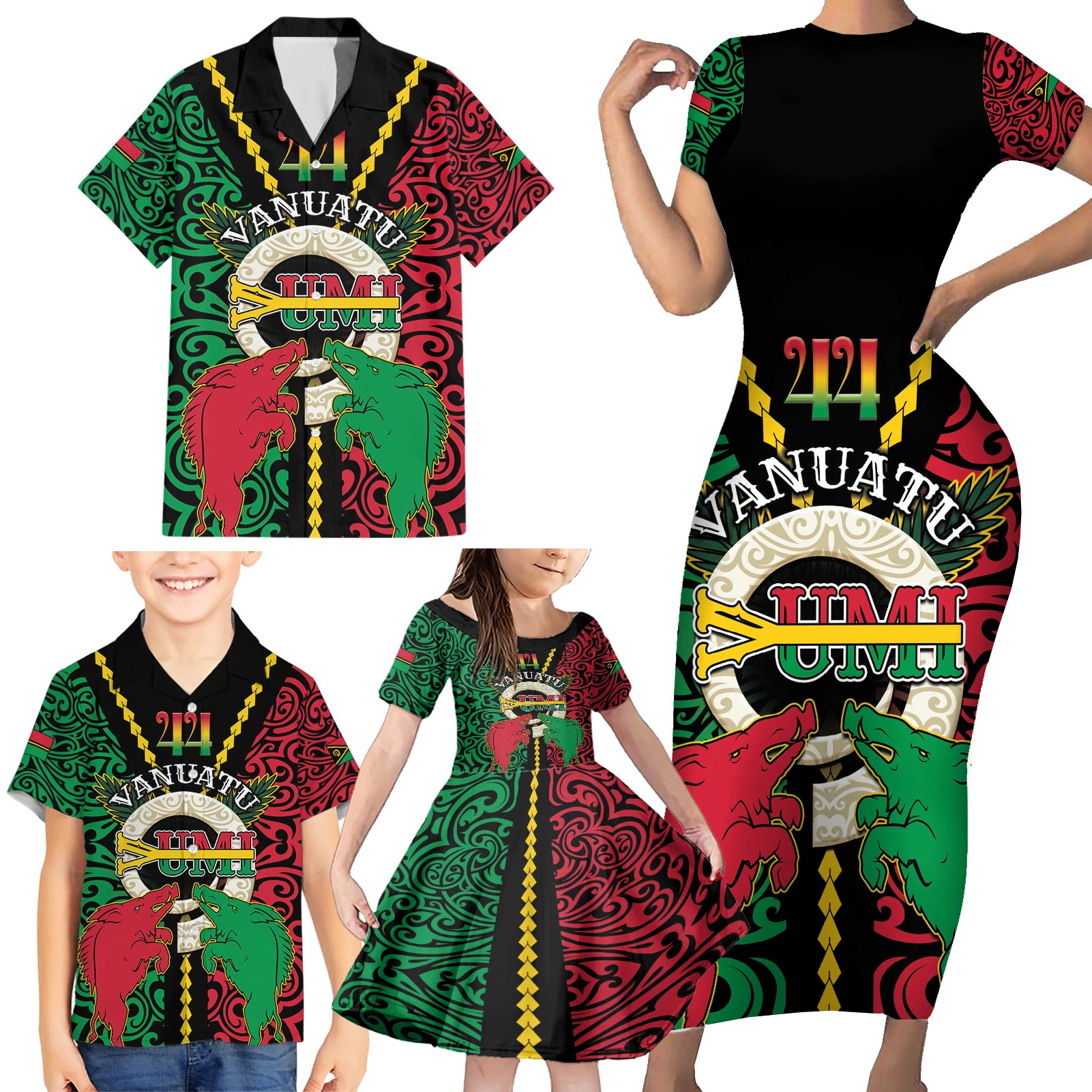 Vanuatu 44th Independence Day Family Matching Short Sleeve Bodycon Dress and Hawaiian Shirt Long God Yumi Stanap Wild Boar