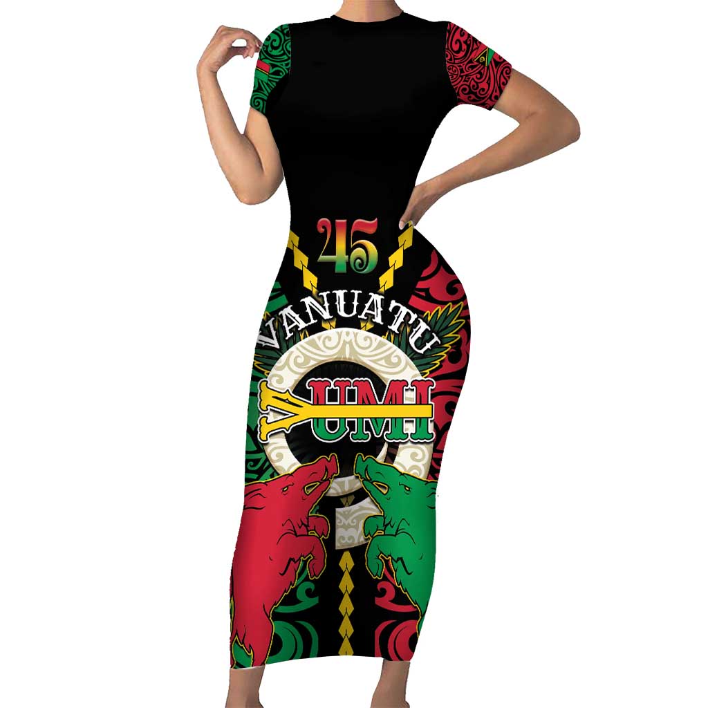 Vanuatu 45th Independence Day Family Matching Short Sleeve Bodycon Dress and Hawaiian Shirt Long God Yumi Stanap Wild Boar LT05