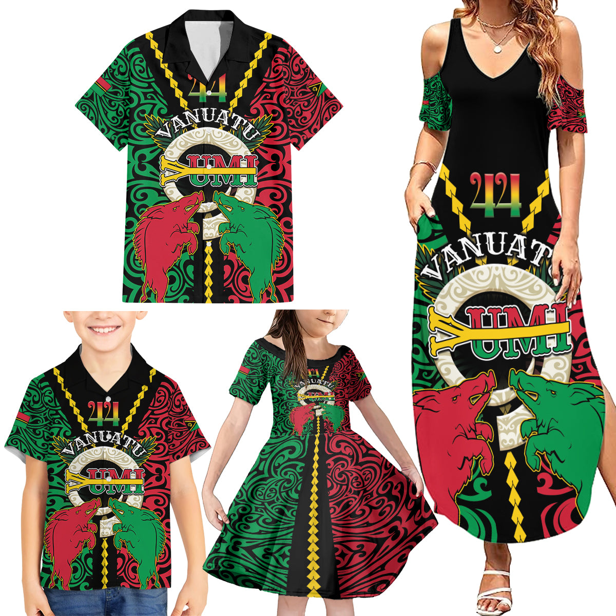 Vanuatu 44th Independence Day Family Matching Summer Maxi Dress and Hawaiian Shirt Long God Yumi Stanap Wild Boar