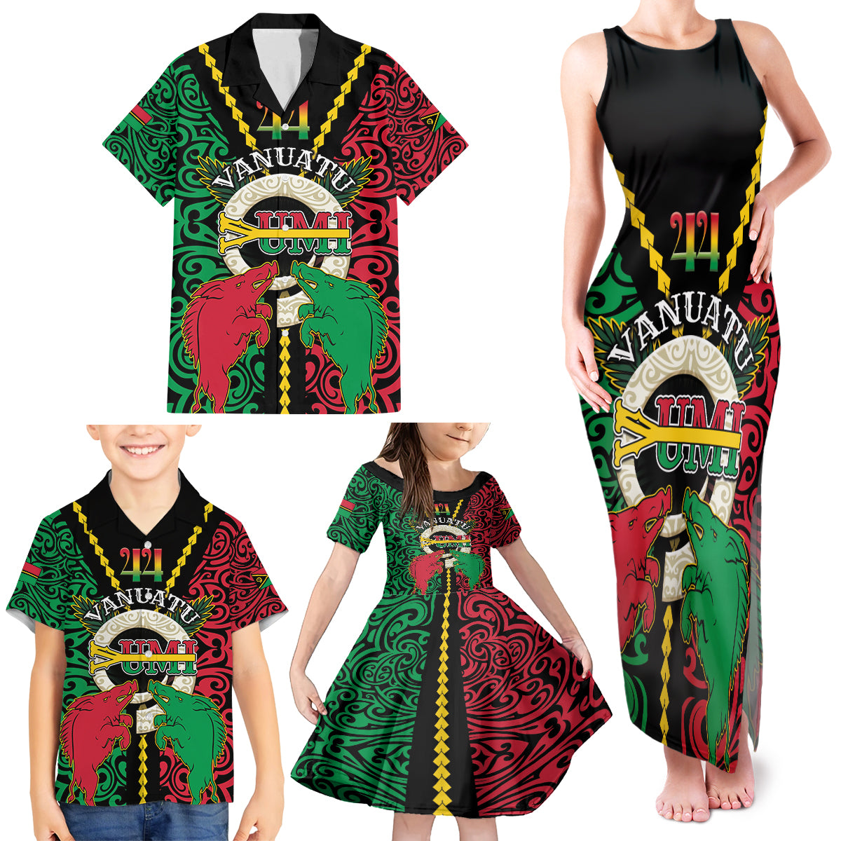 Vanuatu 44th Independence Day Family Matching Tank Maxi Dress and Hawaiian Shirt Long God Yumi Stanap Wild Boar