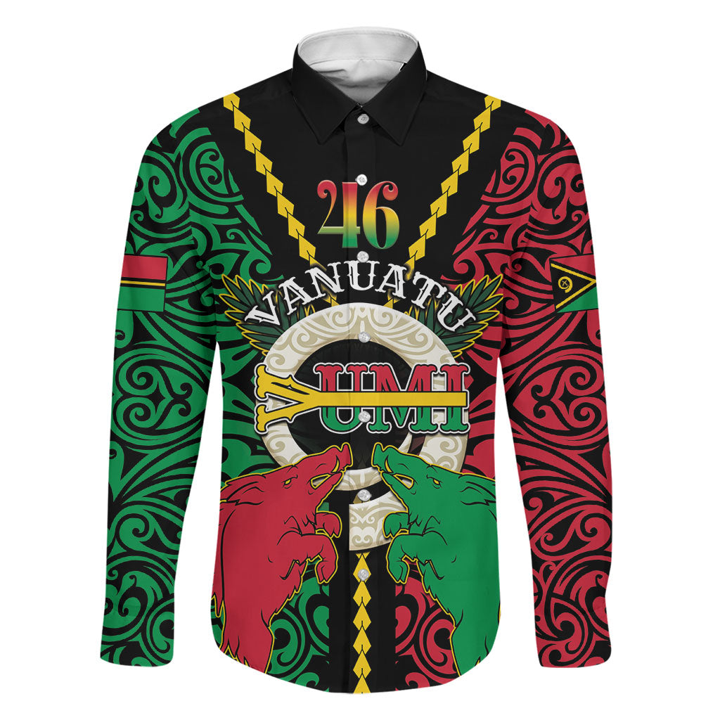 Vanuatu 46th Independence Day Family Matching Tank Maxi Dress and Hawaiian Shirt Long God Yumi Stanap Wild Boar LT05 Dad's Shirt - Long Sleeve Black - Polynesian Pride