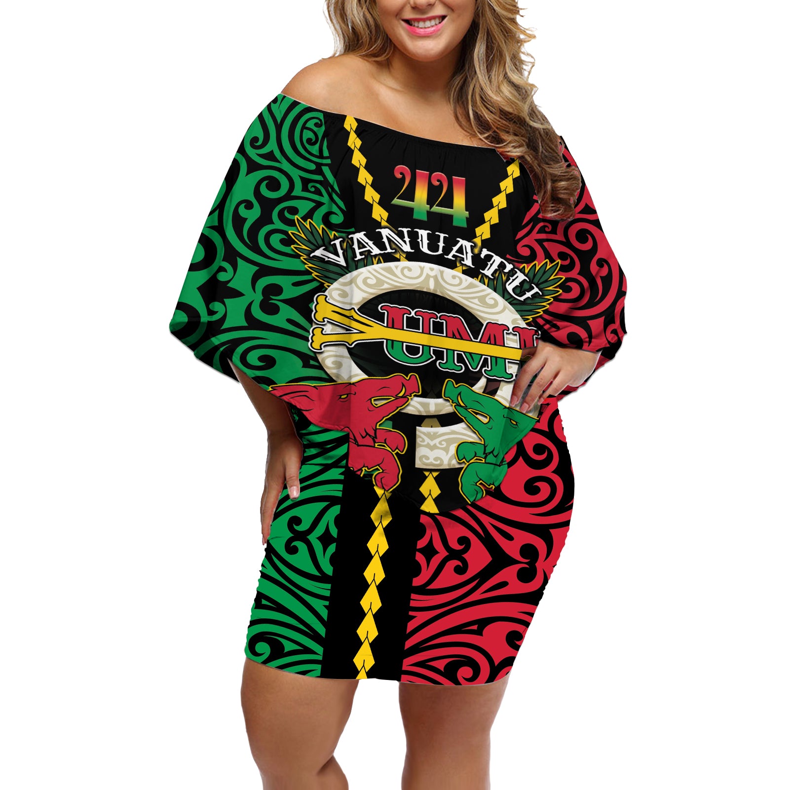 Vanuatu 44th Independence Day Off Shoulder Short Dress Long God Yumi Stanap Wild Boar