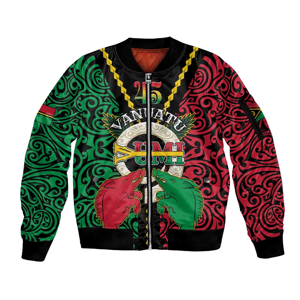 Vanuatu 45th Independence Day Sleeve Zip Bomber Jacket Long God Yumi Stanap Wild Boar LT05 Unisex Black - Polynesian Pride
