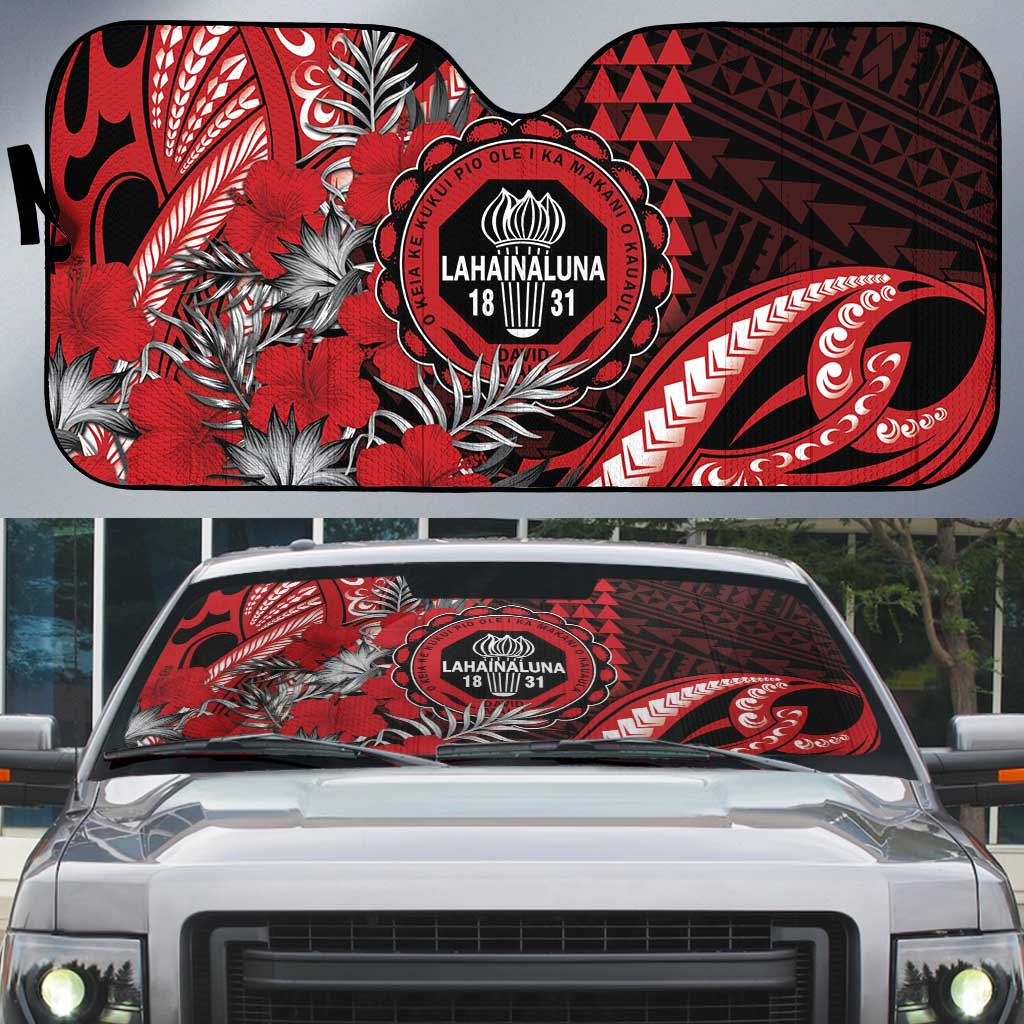 Hawaii Lahainaluna High School Auto Sun Shade Tribal Tattoo With Hibiscus Flowers LT05 Red - Polynesian Pride