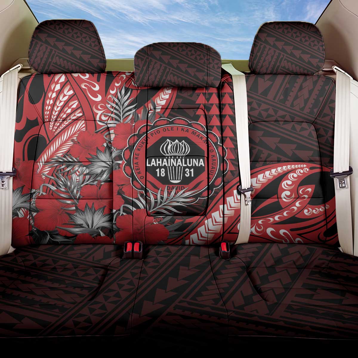 Hawaii Lahainaluna High School Back Car Seat Cover Tribal Tattoo With Hibiscus Flowers LT05 One Size Red - Polynesian Pride