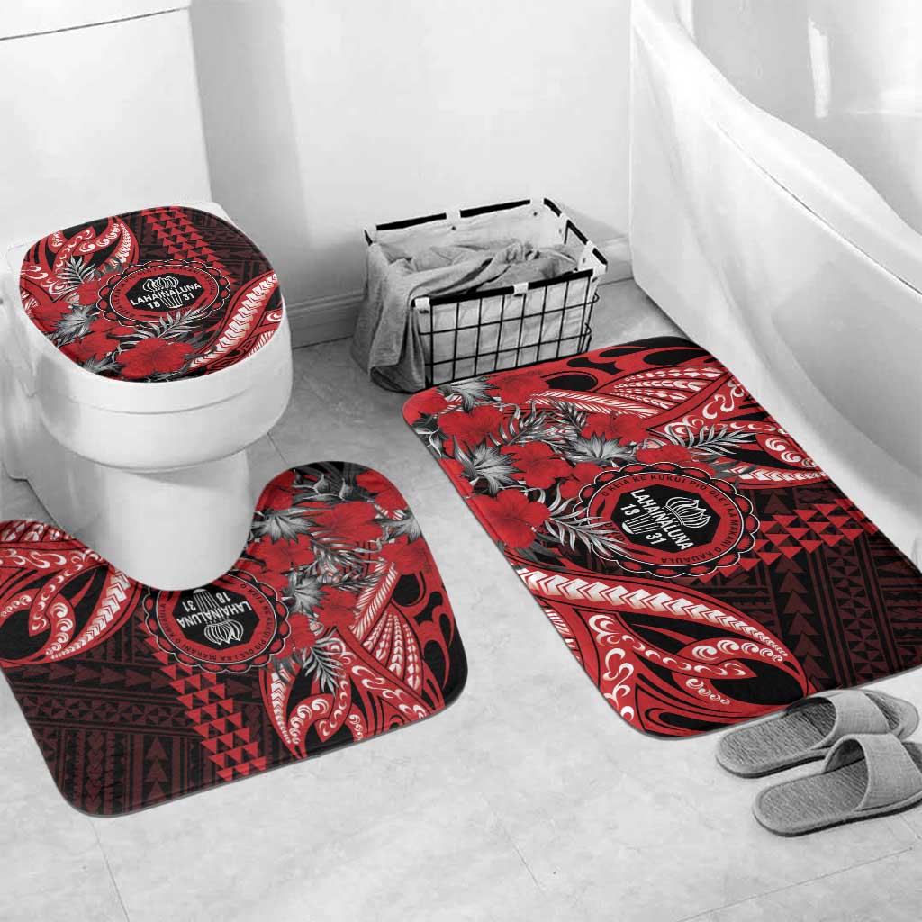 Hawaii Lahainaluna High School Bathroom Set Tribal Tattoo With Hibiscus Flowers LT05 Mat Set Only (3 pcs) One Size Red - Polynesian Pride