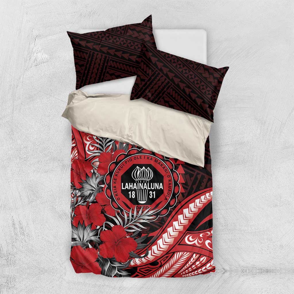 Hawaii Lahainaluna High School Bedding Set Tribal Tattoo With Hibiscus Flowers LT05 US Twin 172cm x 218cm Red - Polynesian Pride