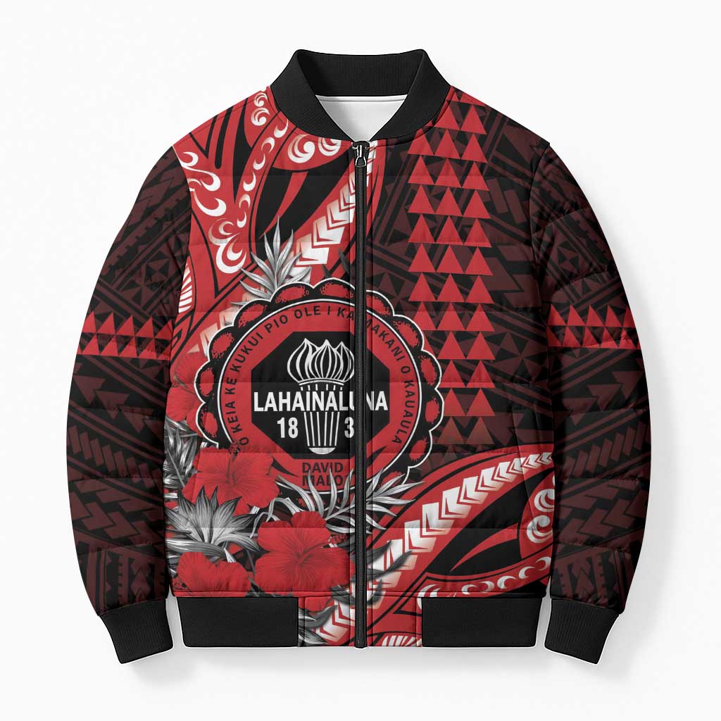 Personalized Hawaii Lahainaluna High School Bomber Puffer Jacket Tribal Tattoo With Hibiscus Flowers LT05 Unisex Red - Polynesian Pride