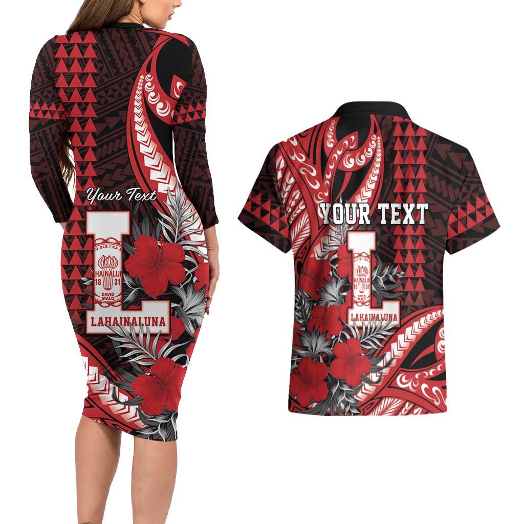 Personalized Hawaii Lahainaluna High School Couples Matching Long Sleeve Bodycon Dress and Hawaiian Shirt Tribal Tattoo With Hibiscus Flowers