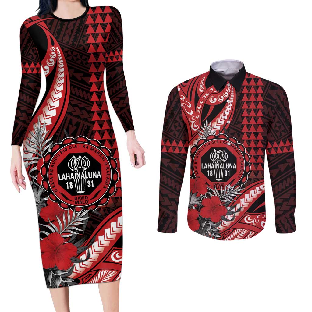 Personalized Hawaii Lahainaluna High School Couples Matching Long Sleeve Bodycon Dress and Long Sleeve Button Shirt Tribal Tattoo With Hibiscus Flowers