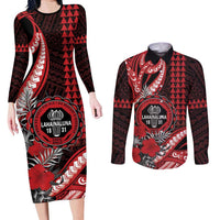 Personalized Hawaii Lahainaluna High School Couples Matching Long Sleeve Bodycon Dress and Long Sleeve Button Shirt Tribal Tattoo With Hibiscus Flowers