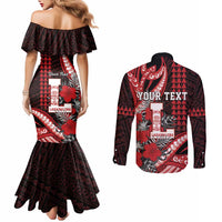 Personalized Hawaii Lahainaluna High School Couples Matching Mermaid Dress and Long Sleeve Button Shirt Tribal Tattoo With Hibiscus Flowers