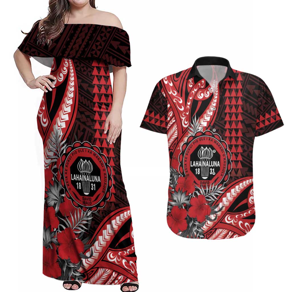 Personalized Hawaii Lahainaluna High School Couples Matching Off Shoulder Maxi Dress and Hawaiian Shirt Tribal Tattoo With Hibiscus Flowers LT05 Red - Polynesian Pride