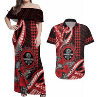 Personalized Hawaii Lahainaluna High School Couples Matching Off Shoulder Maxi Dress and Hawaiian Shirt Tribal Tattoo With Hibiscus Flowers