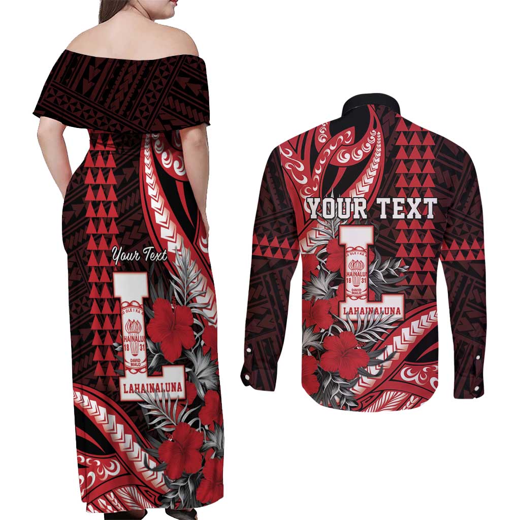 Personalized Hawaii Lahainaluna High School Couples Matching Off Shoulder Maxi Dress and Long Sleeve Button Shirt Tribal Tattoo With Hibiscus Flowers
