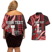 Personalized Hawaii Lahainaluna High School Couples Matching Off Shoulder Short Dress and Hawaiian Shirt Tribal Tattoo With Hibiscus Flowers