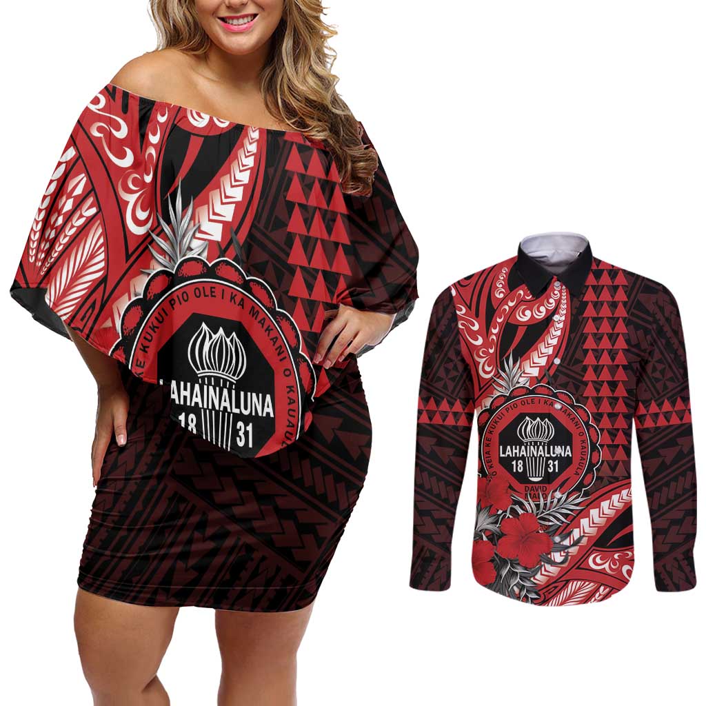 Personalized Hawaii Lahainaluna High School Couples Matching Off Shoulder Short Dress and Long Sleeve Button Shirt Tribal Tattoo With Hibiscus Flowers