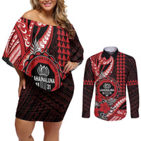 Personalized Hawaii Lahainaluna High School Couples Matching Off Shoulder Short Dress and Long Sleeve Button Shirt Tribal Tattoo With Hibiscus Flowers